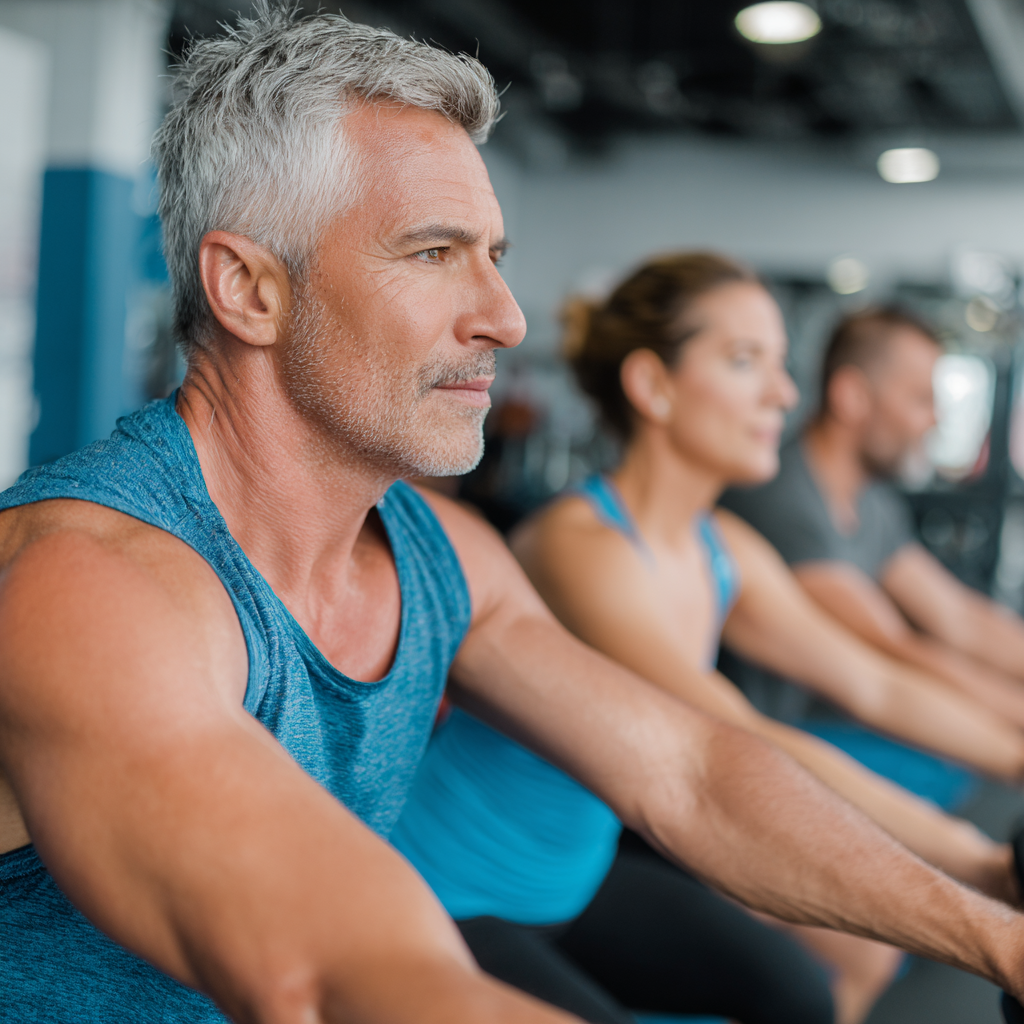 middle-aged fitness enthusiasts participating in group workout session at modern fitness center